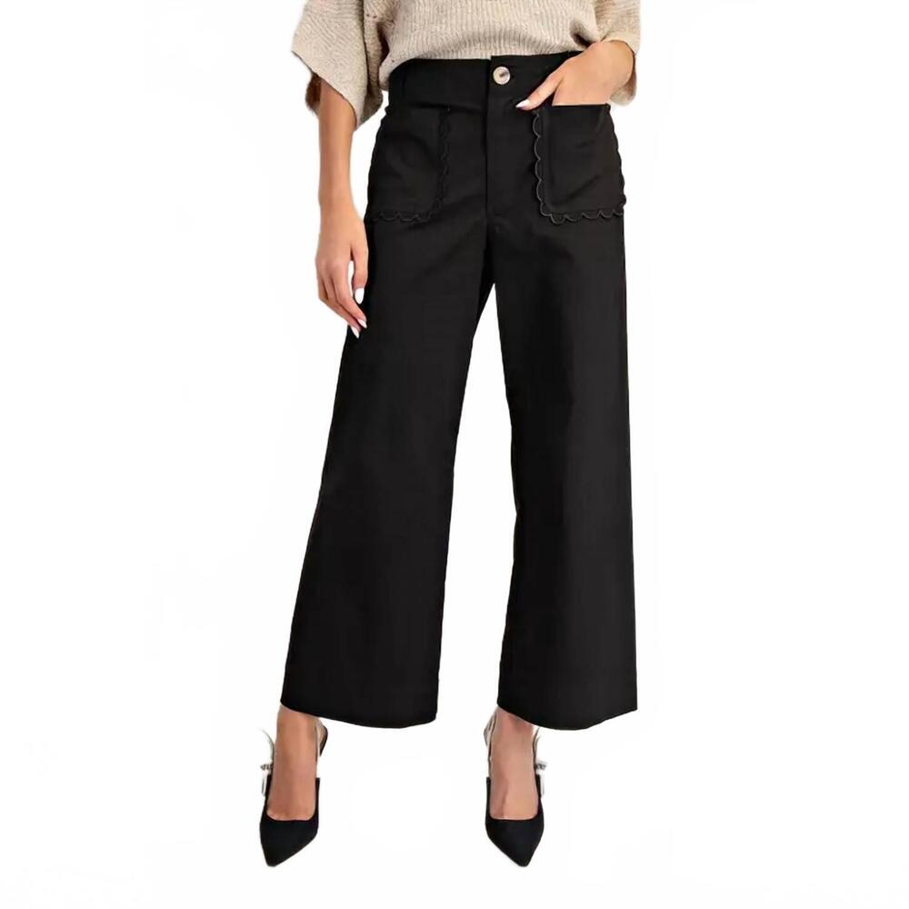 NEW STYLE USA scalloped pocket straight leg pants in black